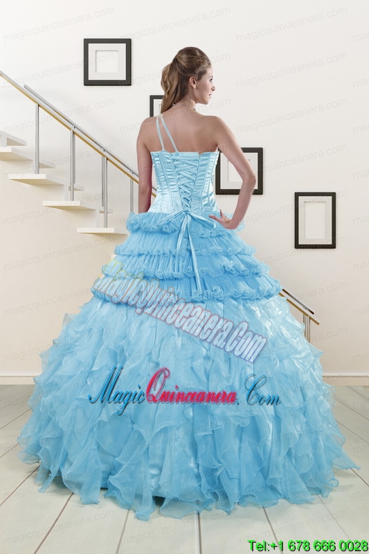 2015 Pretty Baby Blue Sweet 15 Dresses with Beading