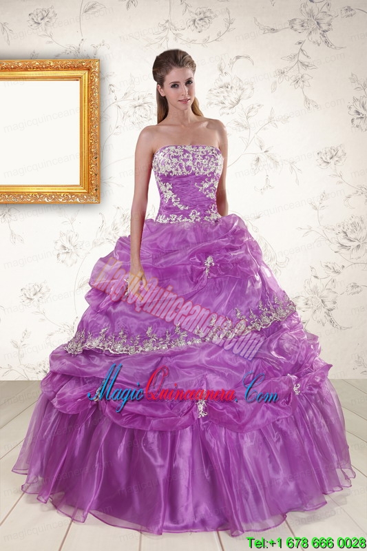 2015 Pretty Strapless Lilac Quinceanera Dresses with Appliques