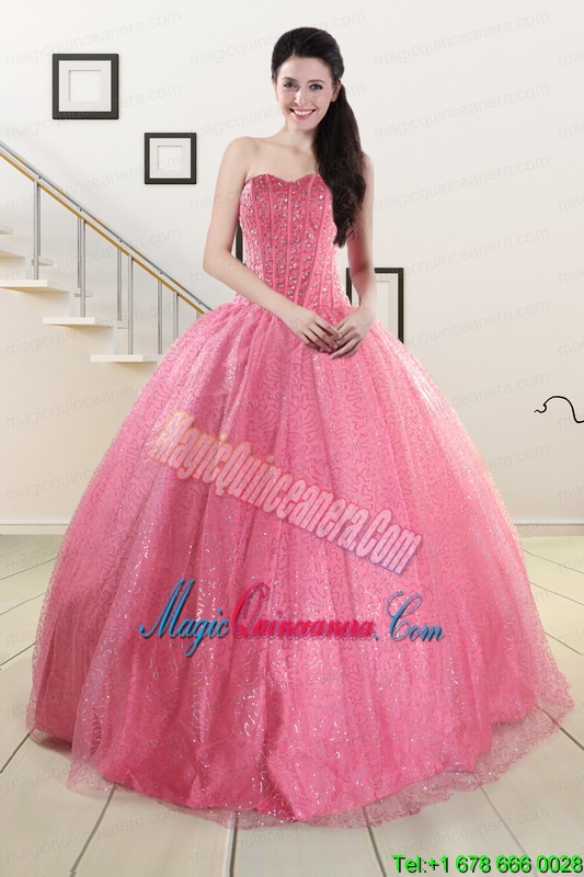 2015 Pretty Strapless Quinceanera Dresses in Rose Pink