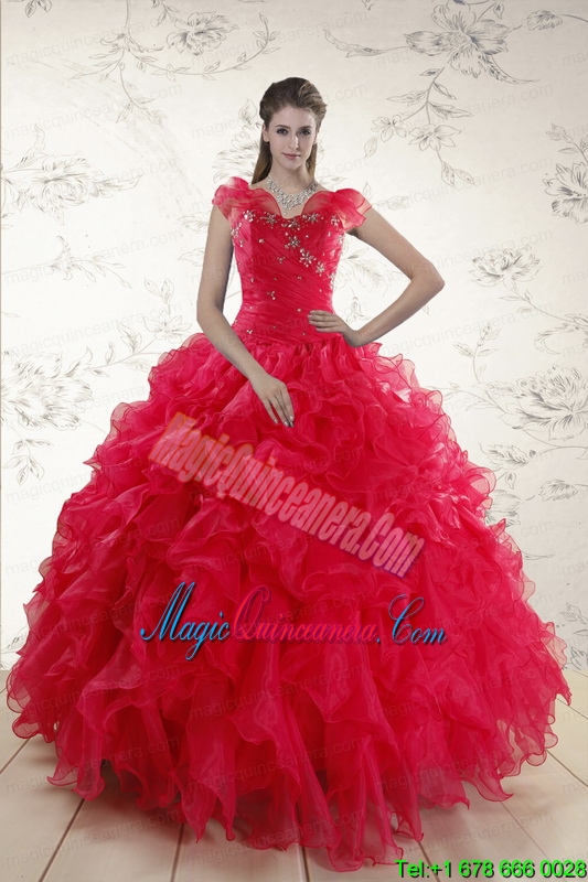 2015 Pretty Sweetheart Beading Quinceanera Dresses in Red