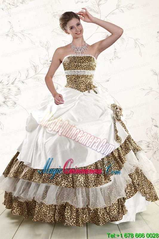 2015 Unique Strapless Leopard Quinceanera Dresses with Hand Made Flower