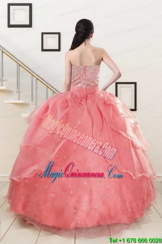 Watermelon Sweetheart Beading Appliques Ball Gown Sweet 16 Dresses