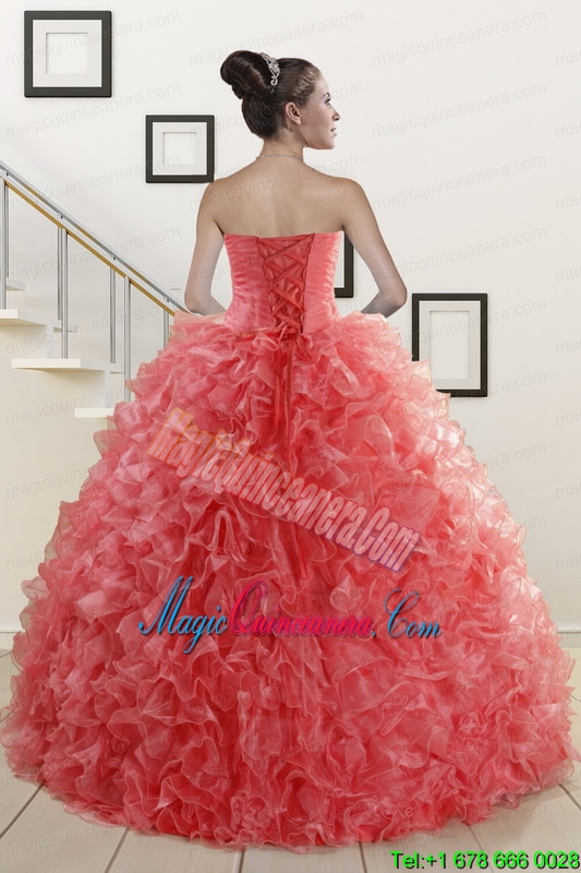 2015 New Arrival Watermelon Red Sweet 15 Dress with Beading