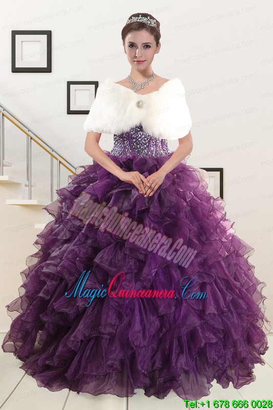 2015 New Style Purple Quinceanera Dresses with Beading and Ruffles