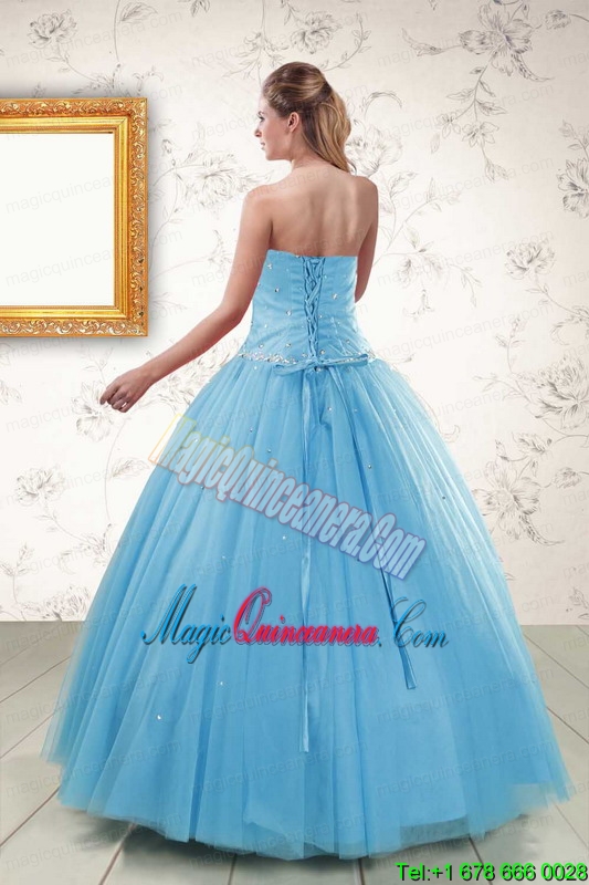 2015 New Style Strapless Beading Quinceanera Dresses in Aqua Blue