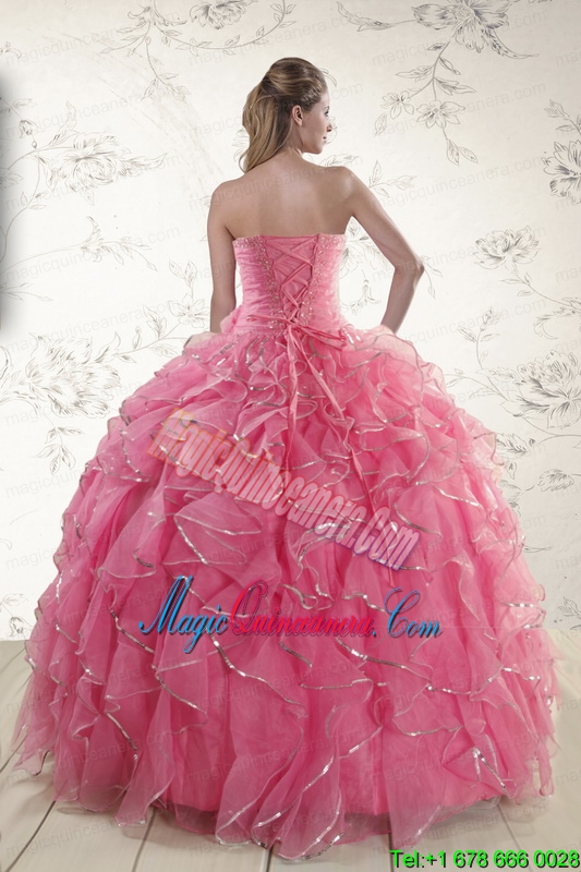 2015 Pretty Beading Quinceanera Dresses in Rose Pink