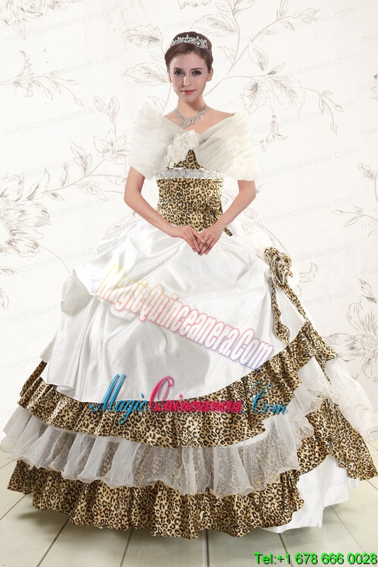 2015 Strapless Leopard Quinceanera Dresses with Hand Made Flower