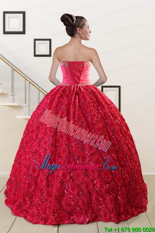 Customize Rolling Flower Beading 2015 Quinceanera Dresses in Coral Red