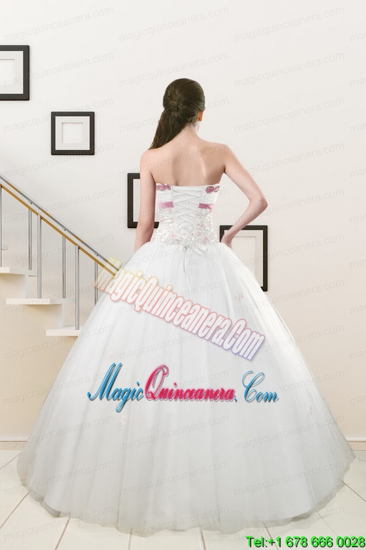 2015 Discount Strapless Appliques and Belt Quinceanera Dresses in White