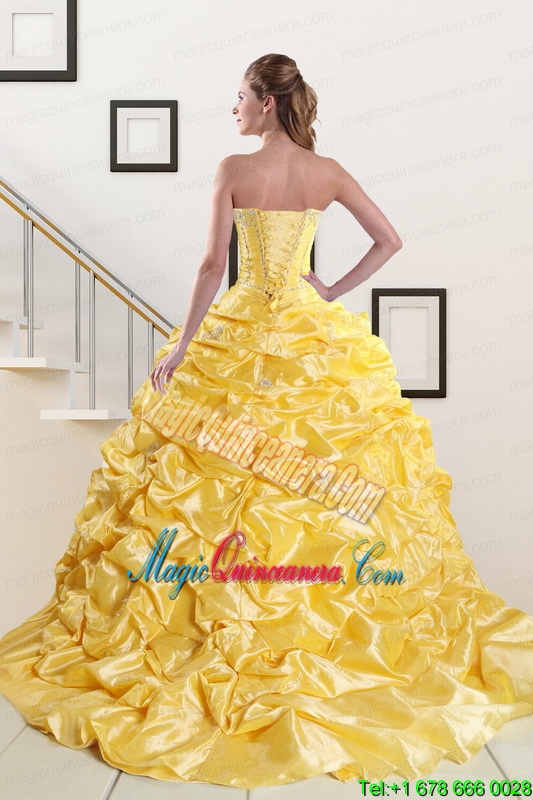 Beading Strapless 2015 Quinceanera Dresses with Sweep Train