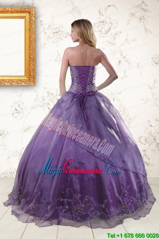 2015 Discount Purple Strapless Appliques Quinceanera Dresses