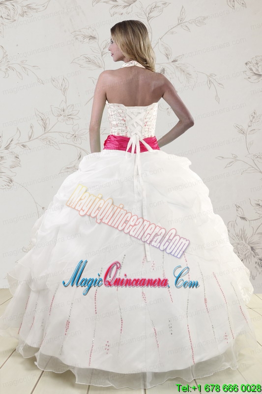 Elegant Halter Belt Beading White 2015 Quinceanera Dresses