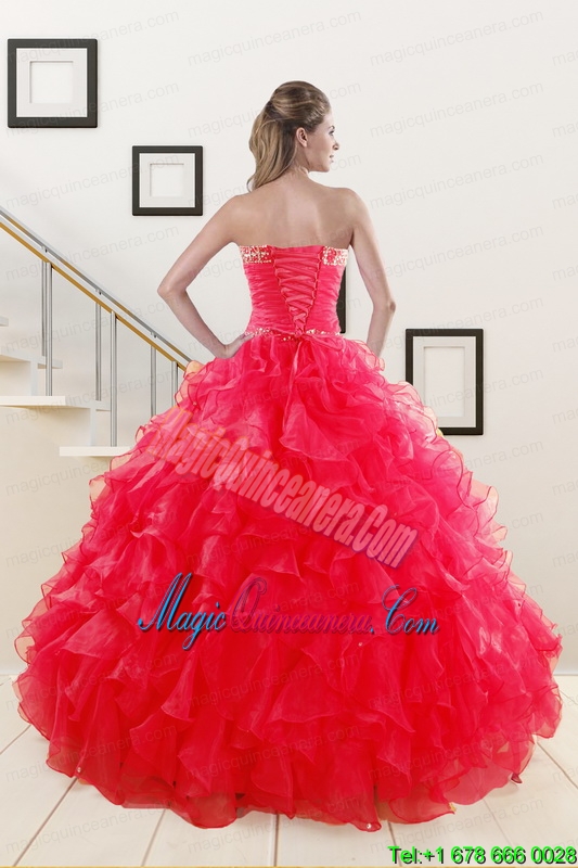 Sweetheart Ball Gown 2015 Sweet 16 Dresses in Coral Red