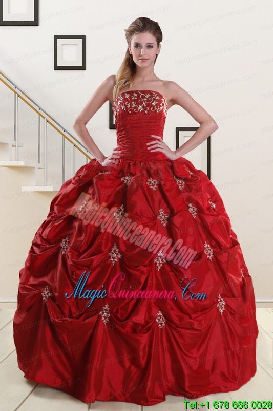Wine Red Strapless 2015 Quinceanera Dresses with Appliques