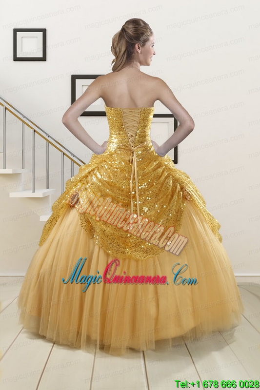2015 Most Popular Sweetheart Sequined Quinceanera Dresses in Gold