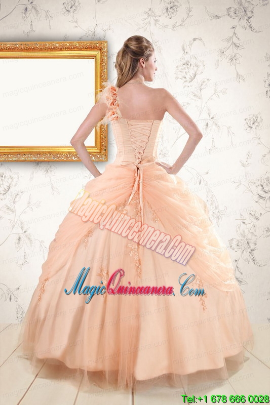 2015 Pretty One Shoulder Appliques Quinceanera Dress in Peach