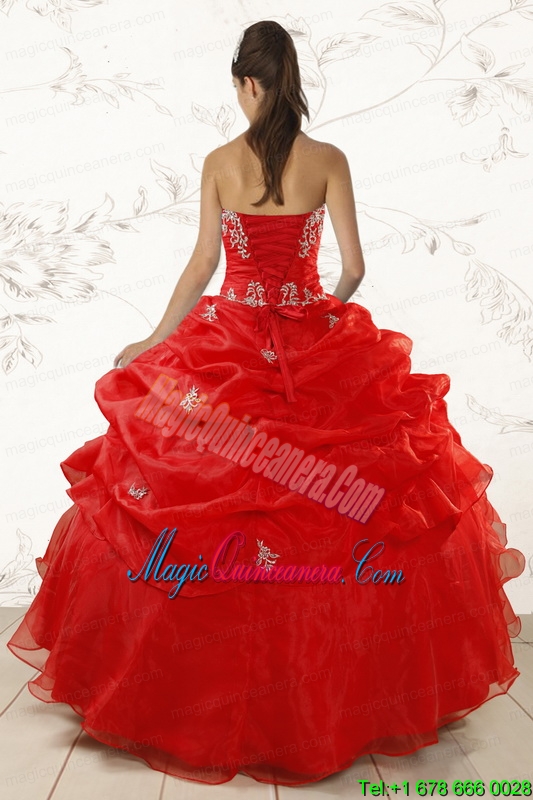 2015 Red Ball Gown Strapless Sweet 15 Dresses with Beading and Ruffles