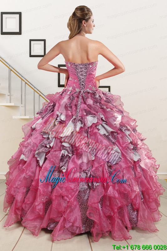 Exquisite Beading Hot Pink Sweet 15 Dress with Leopard