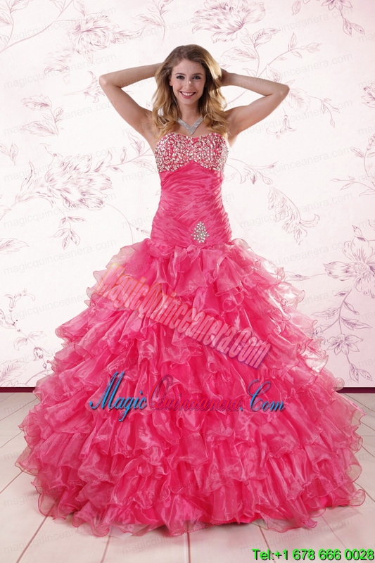 2015 Elegant Sweetheart Hot Pink Quinceanera Dresses with Ruffles