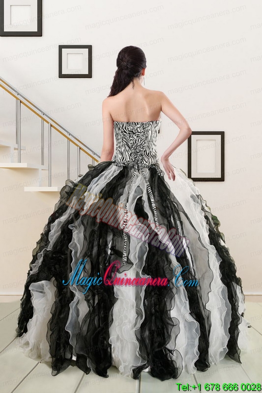 2015 Exclusive Black and White Quinceanera Dresses with Zebra and Ruffles