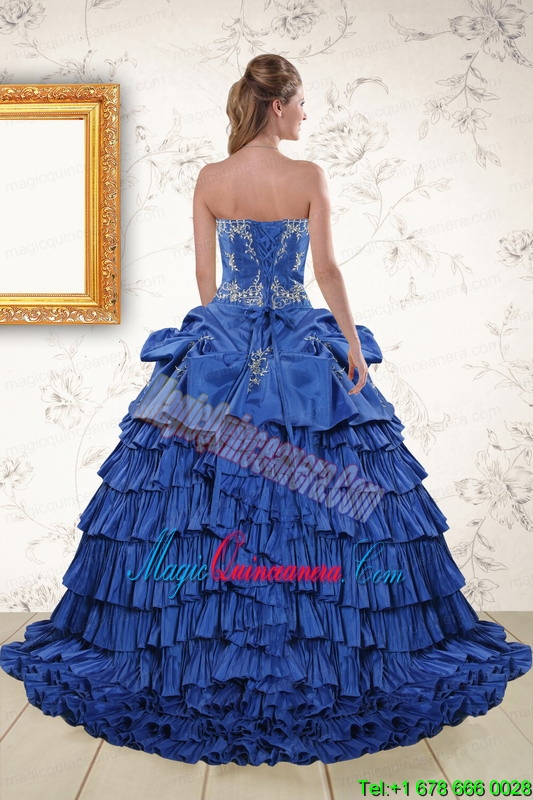 Modern Royal Blue Appliques and Pick Ups Quinceanera Dresses with Brush Train
