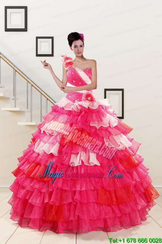 Puffy Beading Quinceanera Dresses with One Shoulder for 2015