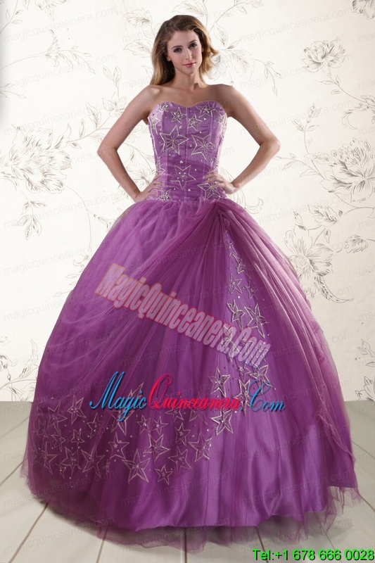 Purple Sweetheart Appliques 2015 Quinceanera Dresses with Embroidery