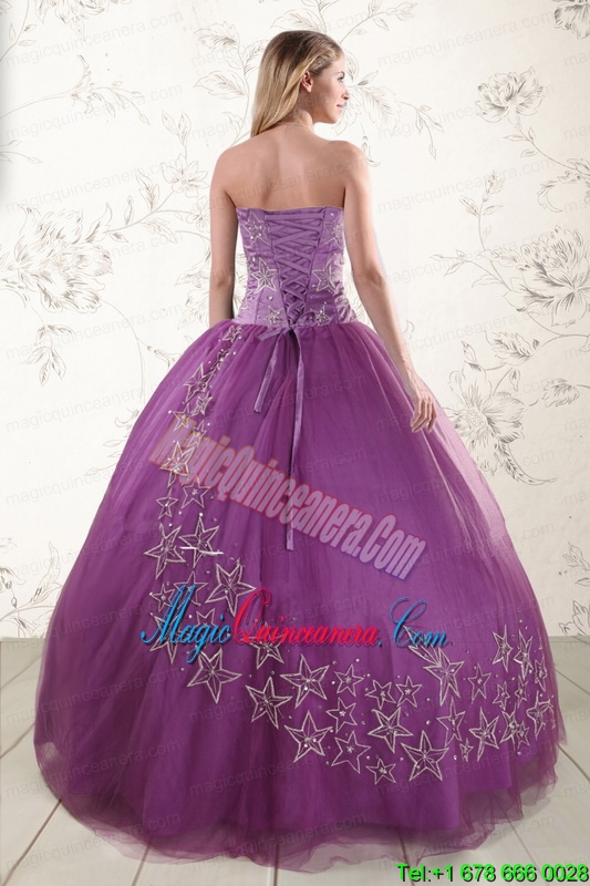 Purple Sweetheart Appliques 2015 Quinceanera Dresses with Embroidery