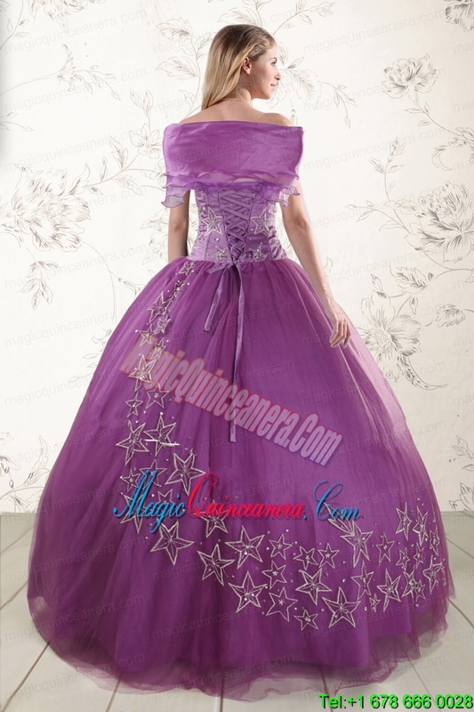 Purple Sweetheart Appliques 2015 Quinceanera Dresses with Embroidery