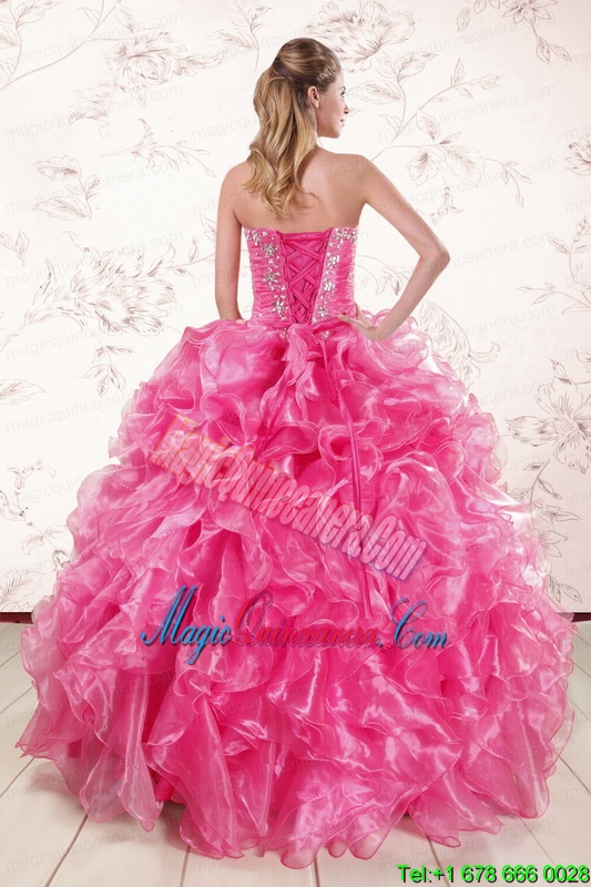 2015 Pretty Hot Pink Quinceanera Dresses with Appliques and Ruffles