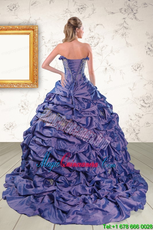 2015 Beading and Pick ups Purple Quinceanera Dresses with Brush Train