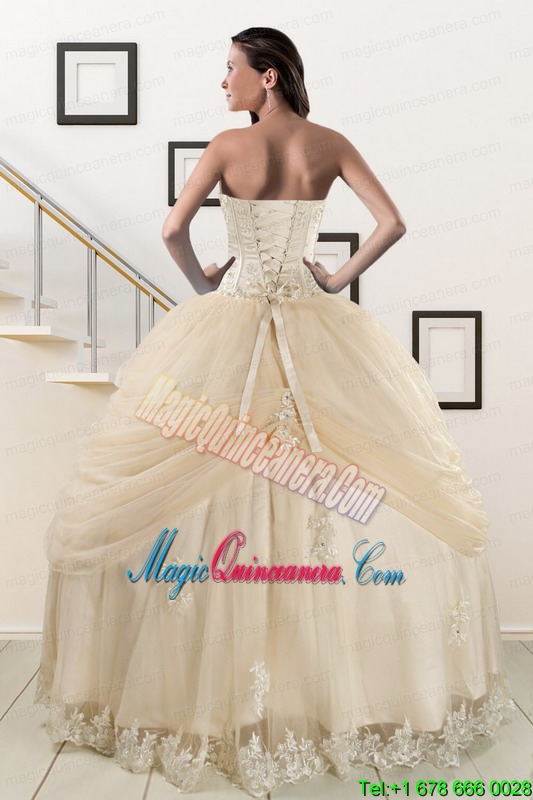 Elegant Appliques 2015 Champagne Quinceanera Dress with Wraps