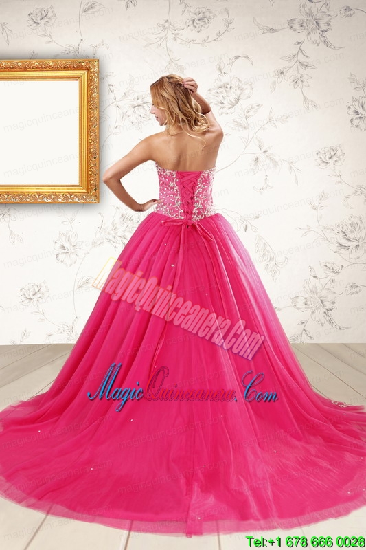 2015 Beautiful Hot Pink Quinceanera Dresses with Beading and Appliques