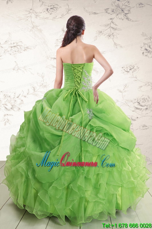 2015 Puffy Strapless Appliques Quinceanera Dresses in Spring Green
