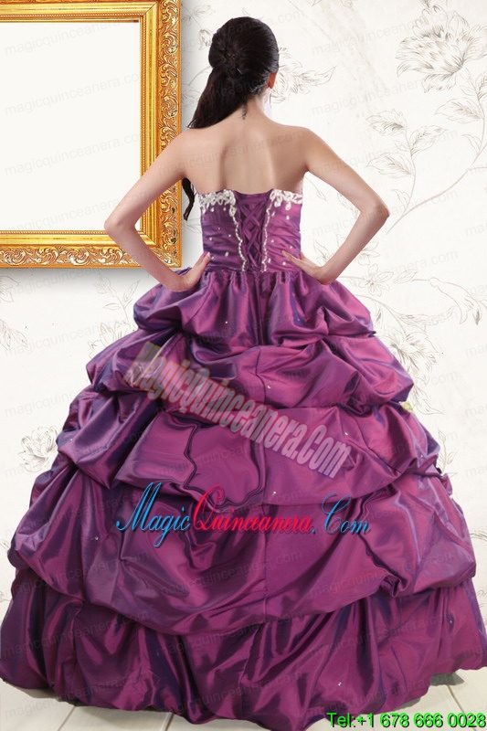 2015 Sweetheart Purple Quinceanera Dresses with Appliques and Pick Up