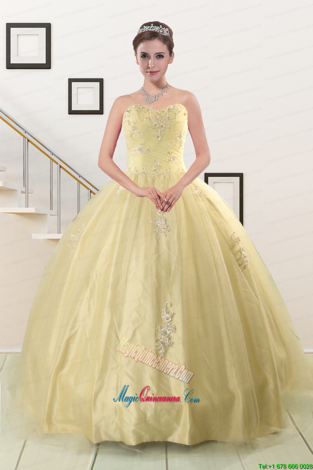 Latest Appliques Sweet 15 Quinceanera Dress in Light Yellow For 2015