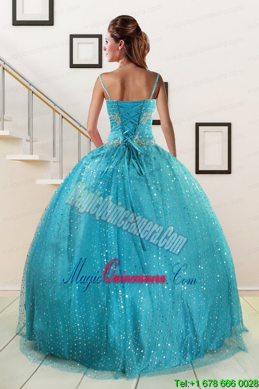 Perfect Spaghetti Straps Appliques Sequins Turquoise Quinceanera Dresses for 2015