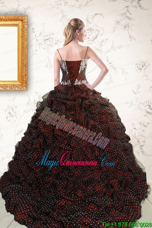 Wonderful Spaghetti Straps Burgundy Sweet 15 Dresses with Appliques and Pick Ups