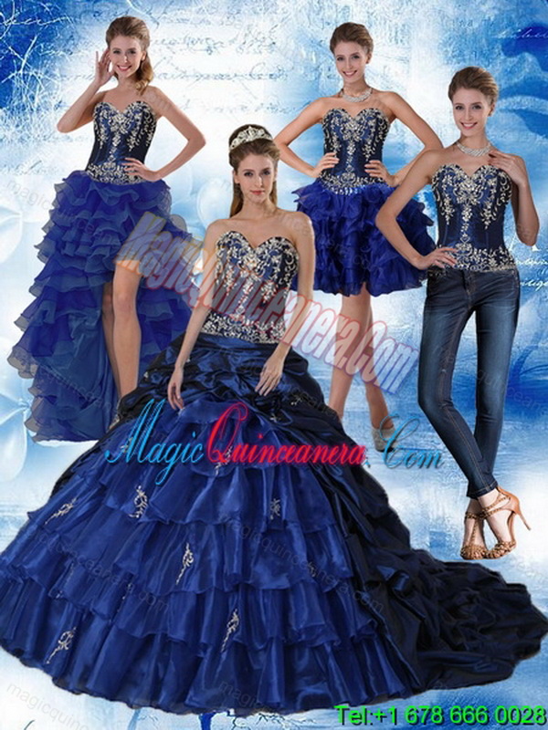 Navy Blue Sweetheart Detachable Quinceanera Dress with Embroidery and Ruffles