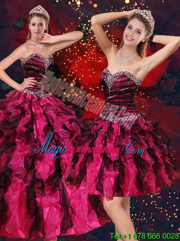 Fashion Multi Color Sweetheart Quince Dresses with Beading and Ruffles