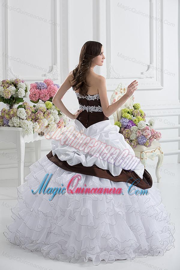 Ball Gown Sweetheart Beading Ruffled Layers Brown and White Quinceanera Dress