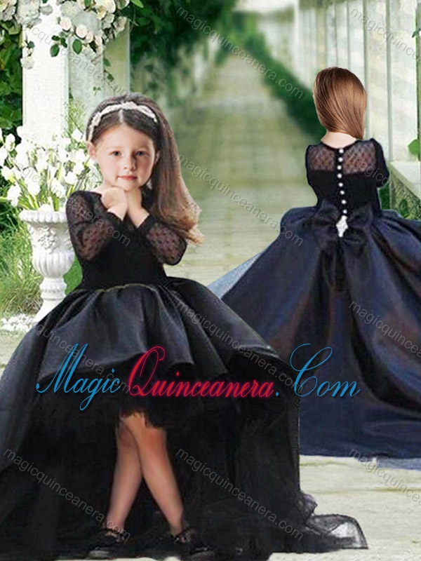Romantic See Through Long Sleeves Kid Pageant Dress in Navy Blue
