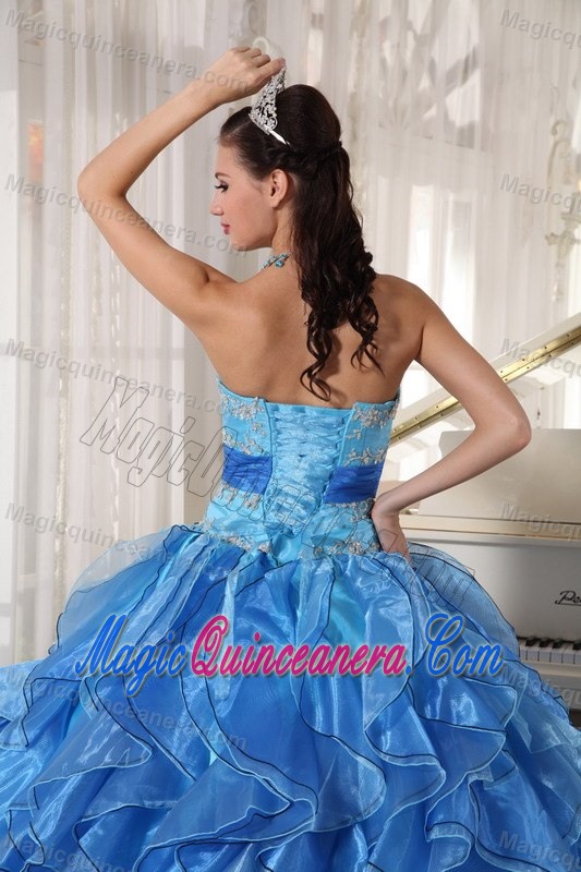 Appliqued Blue Dresses of 15 with Puffy Ruffles and Sash on Sale