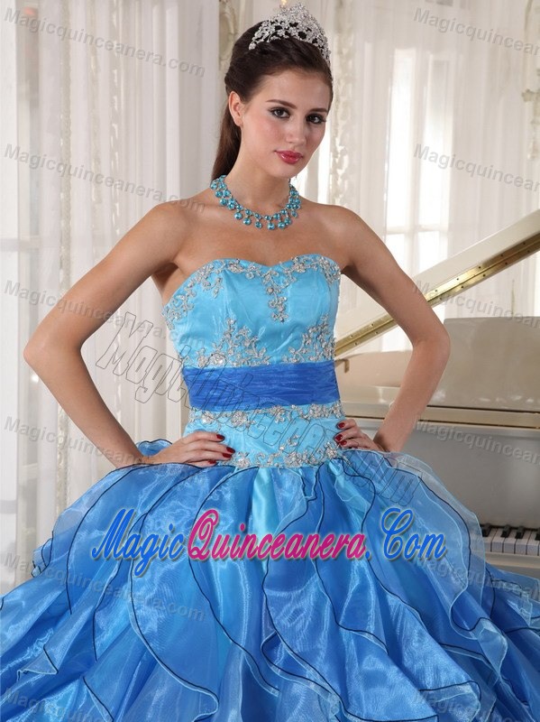 Appliqued Blue Dresses of 15 with Puffy Ruffles and Sash on Sale
