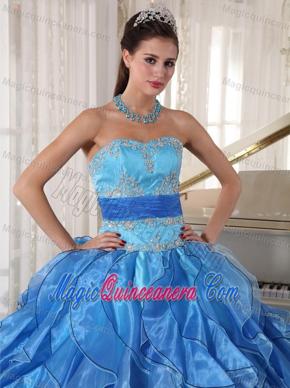 Appliqued Blue Dresses of 15 with Puffy Ruffles and Sash on Sale