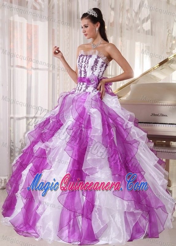Lavender and White Dresses of 15 with Appliques and Puffy Ruffles