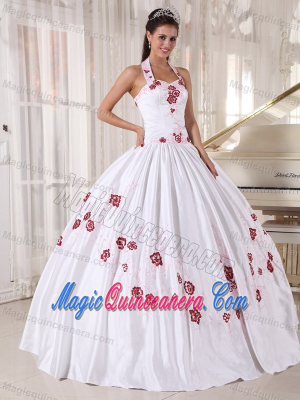 White Halter Taffeta Dresses of 15 with Wine Red Embroidery 2013
