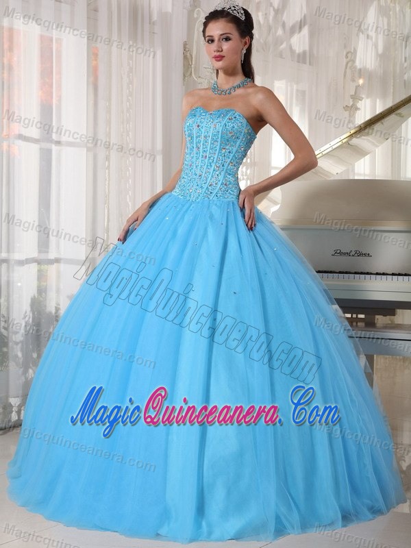Beaded Bodice Sweetheart Sky Blue Tulle Dresses of 15 in Arecibo