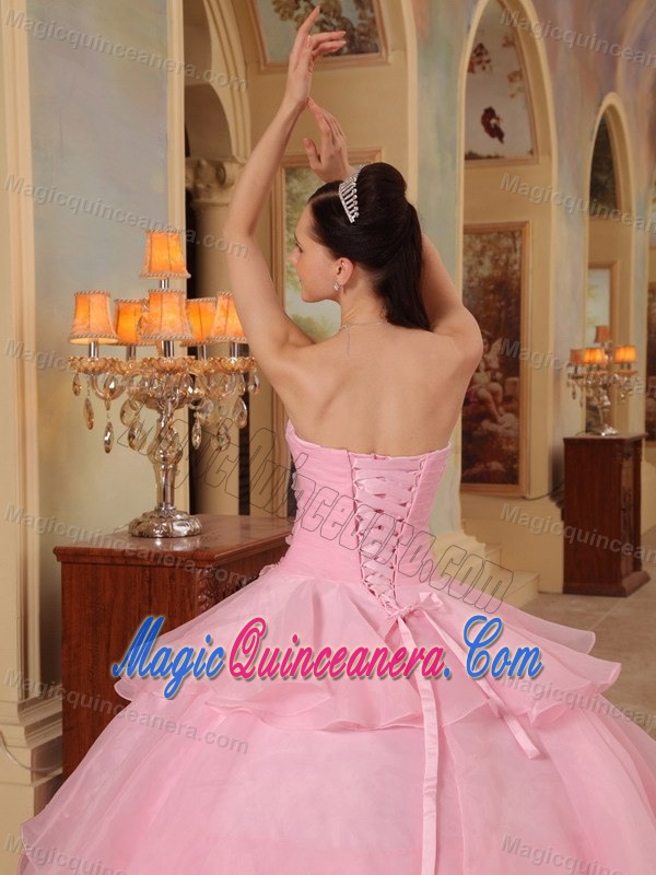 Beading Flowers Ruffles Organza Dresses Quinceanera in Rose Pink