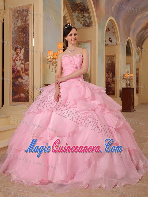 Beading Flowers Ruffles Organza Dresses Quinceanera in Rose Pink